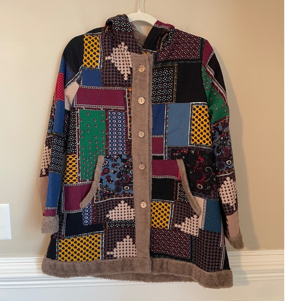 Womens Size L Patchwork Printed Hooded Jacket Coat Fleece Lined Boho Artsy